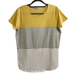 YunJey T-Shirt Womens Large Yellow White Gray Striped Colorblock Cotton Blend